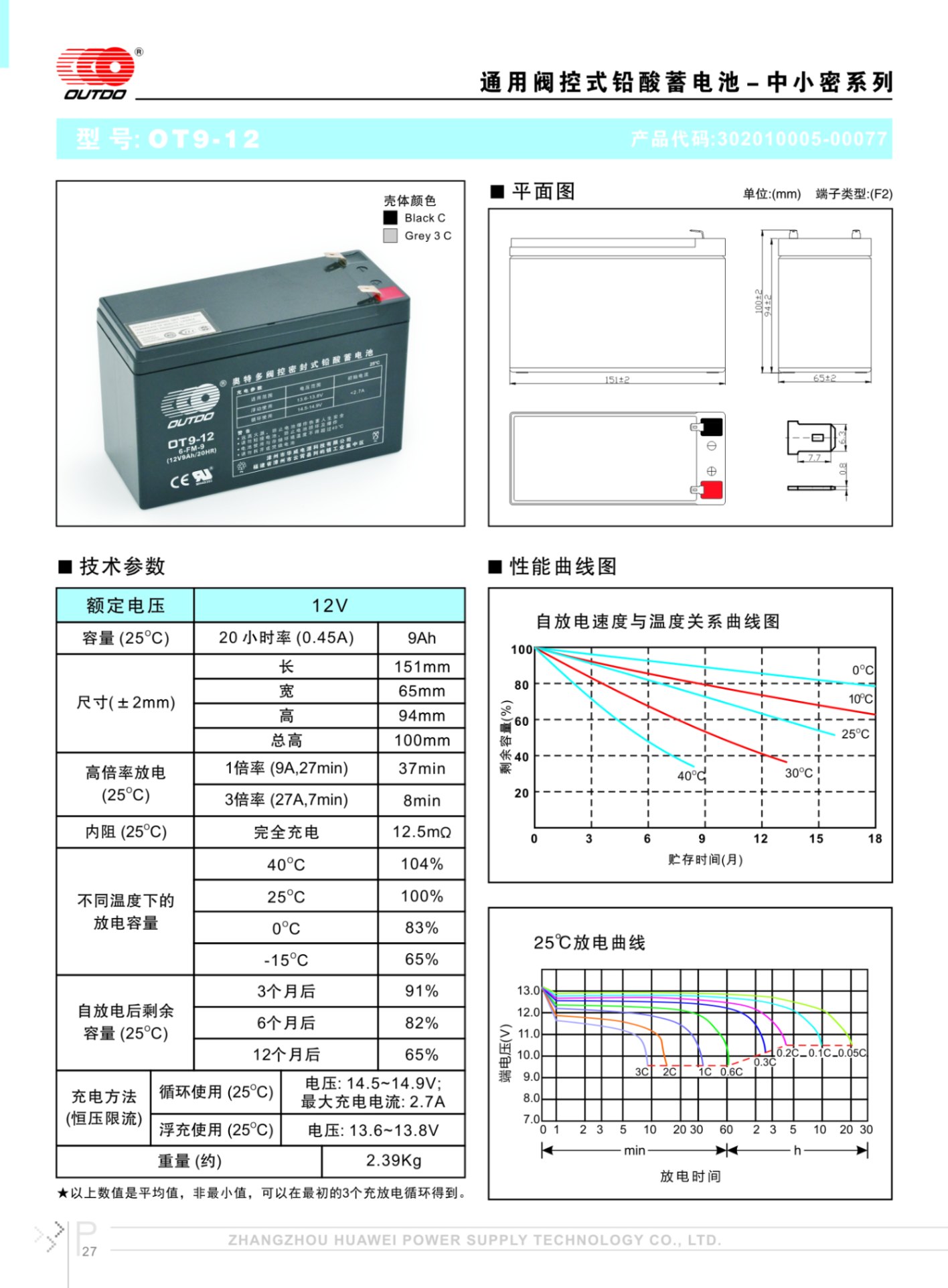 奥特多蓄电池OT9-12奥特多电池12V9AH/20HR（6-FM-9）